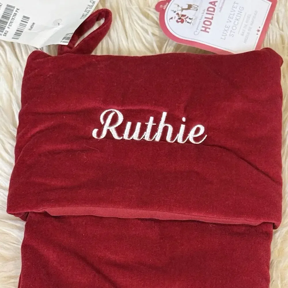 New Pottery Barn Kids Red Velvet Christmas Stocking White Embroidered “Ruthie”
